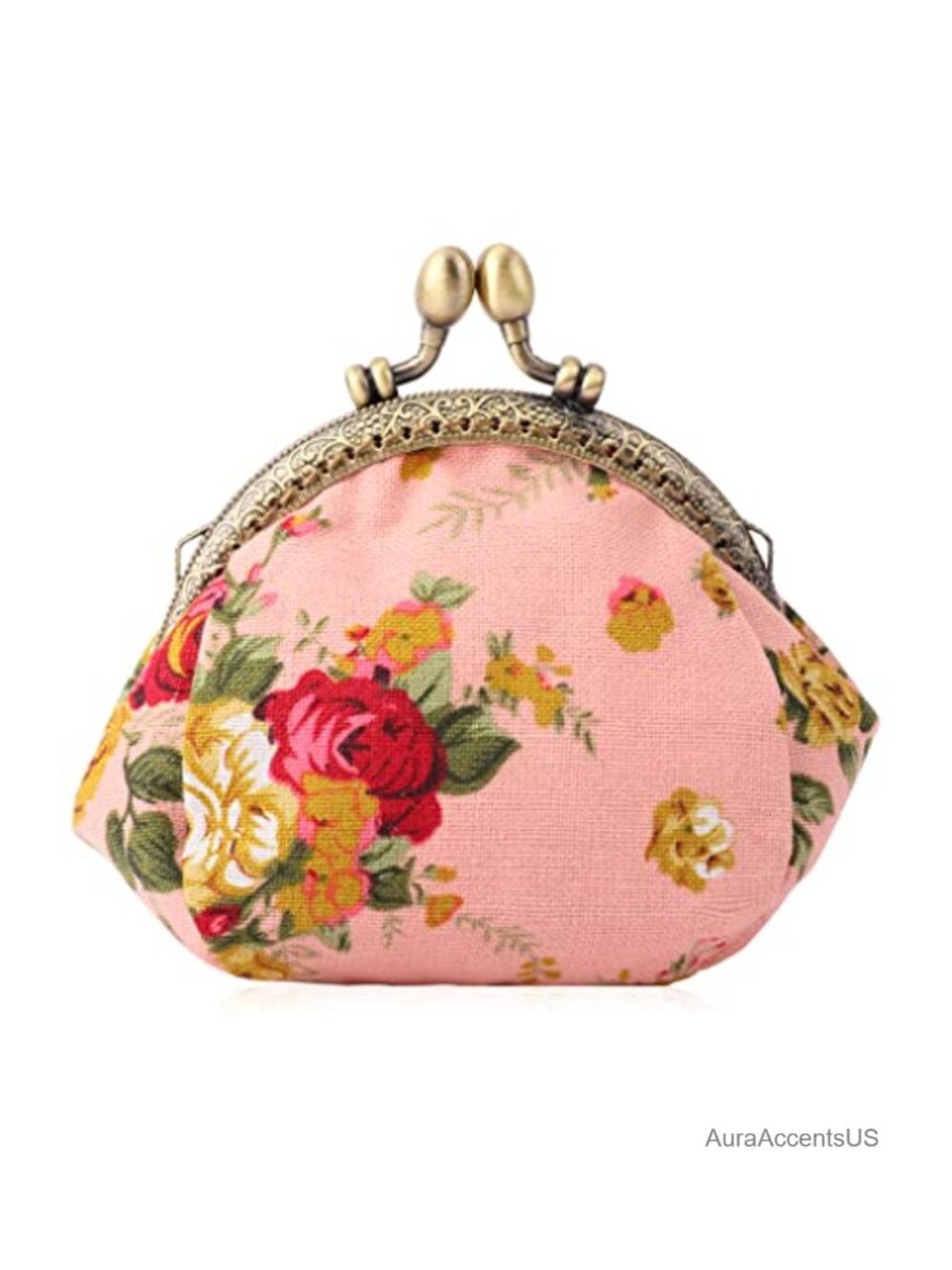 Floral Canvas Kiss Lock Coin Purse with Clasp Retro Cute Change Pouch Wristlet
